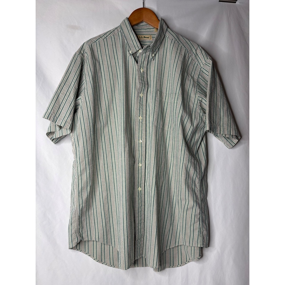 Vtg LL Bean Men XL Tall Seersucker Green Stripe Button Down Gorpcore Coastal 90s